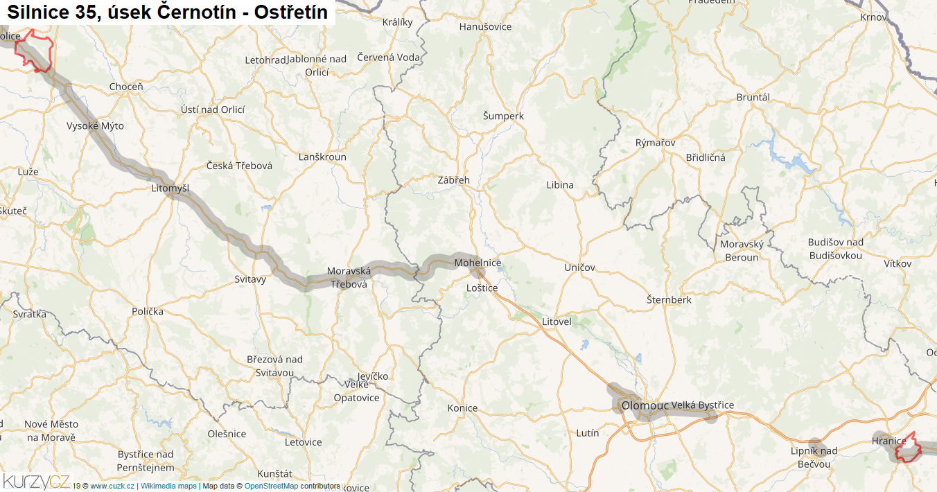 Úsek Černotín - Ostřetín, Silnice 35 - Mapa