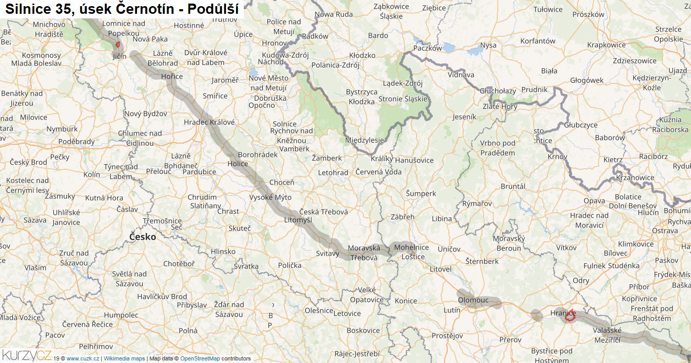 Úsek Černotín - Podůlší, Silnice 35 - Mapa