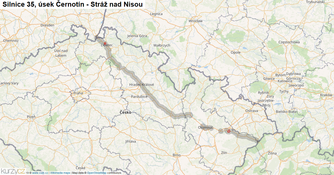 Úsek Černotín - Stráž nad Nisou, Silnice 35 - Mapa