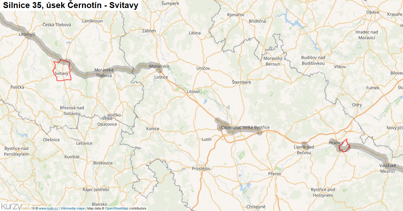Úsek Černotín - Svitavy, Silnice 35 - Mapa