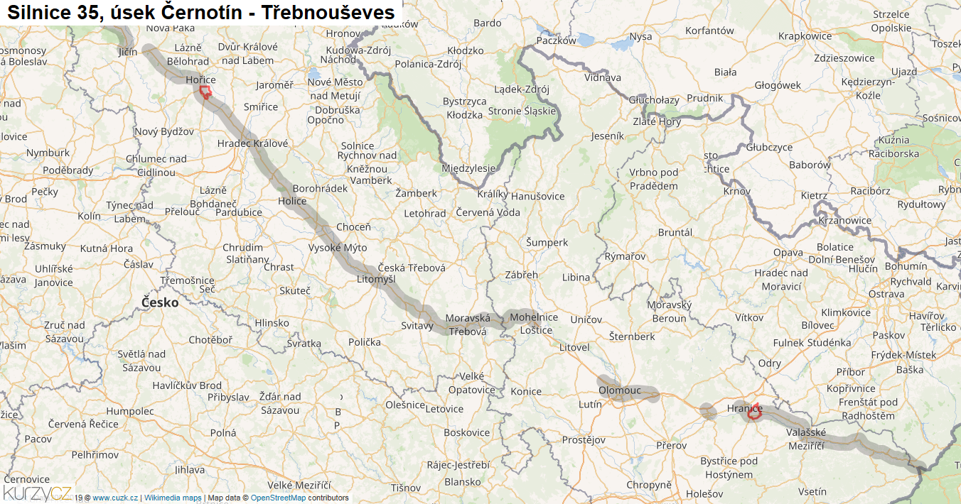 Úsek Černotín - Třebnouševes, Silnice 35 - Mapa