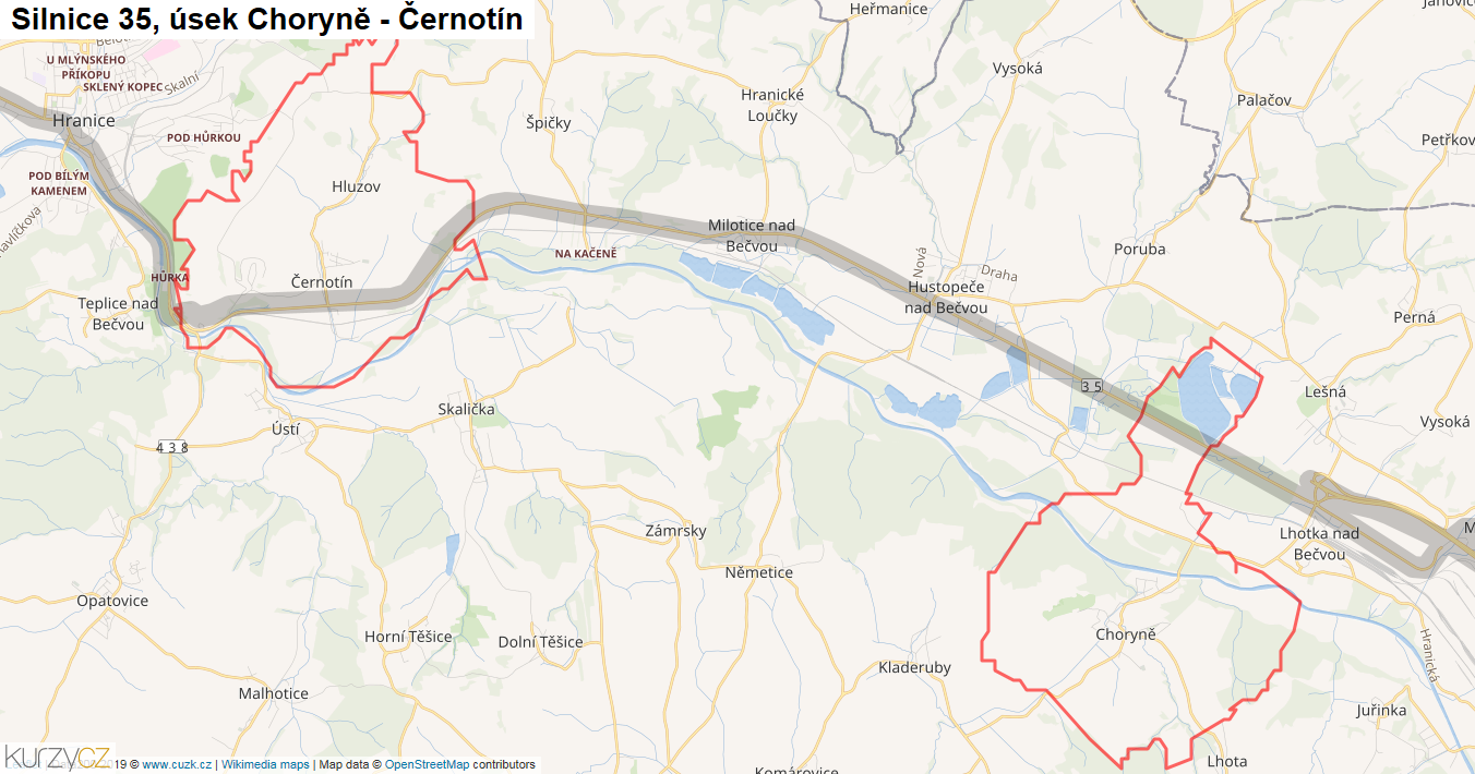 Úsek Choryně - Černotín, Silnice 35 - Mapa