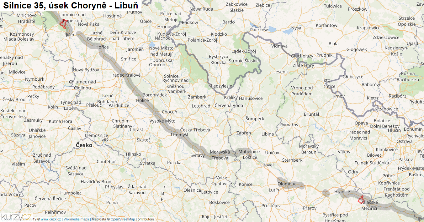 Úsek Choryně - Libuň, Silnice 35 - Mapa
