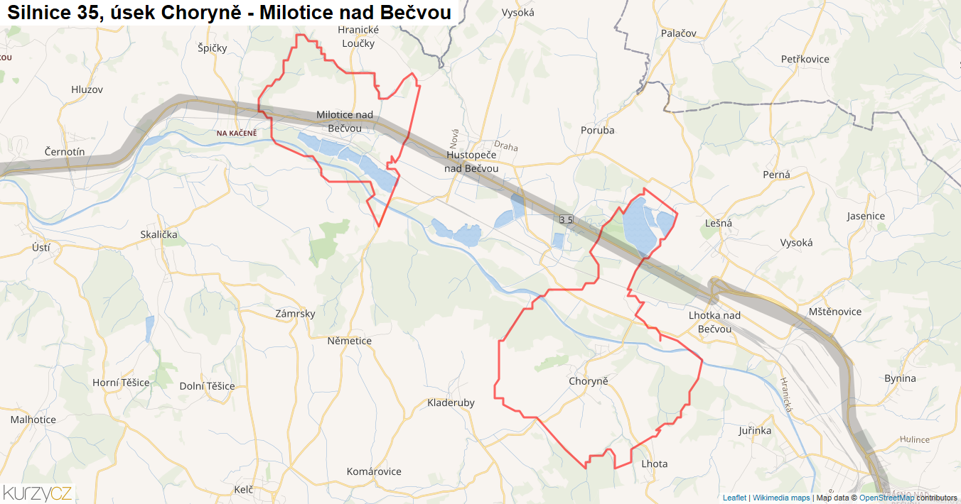 Úsek Choryně - Milotice nad Bečvou, Silnice 35 - Mapa