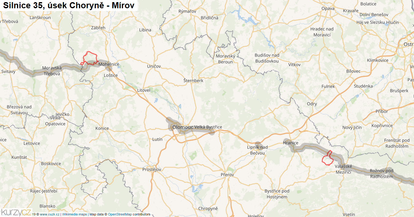 Úsek Choryně - Mírov, Silnice 35 - Mapa