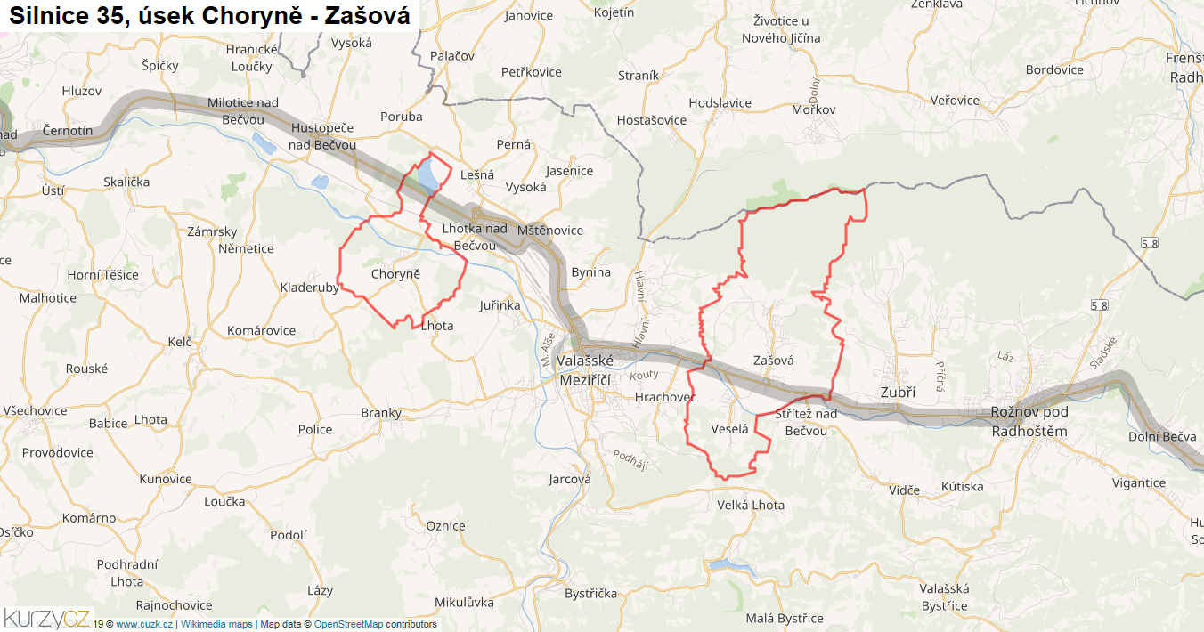 Úsek Choryně - Zašová, Silnice 35 - Mapa