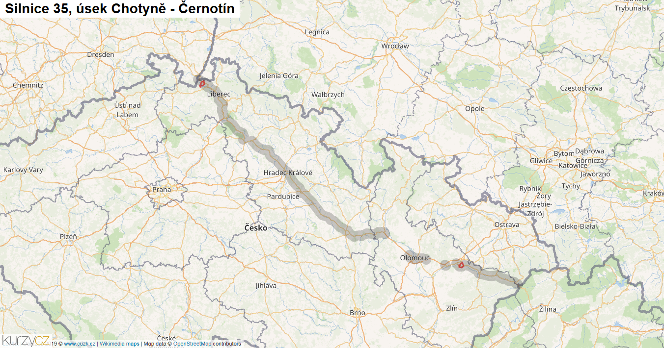 Úsek Chotyně - Černotín, Silnice 35 - Mapa