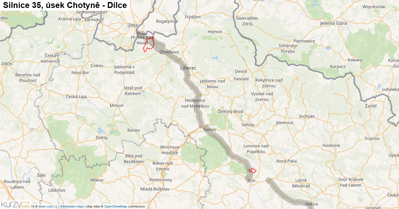 Úsek Chotyně - Dílce, Silnice 35 - Mapa