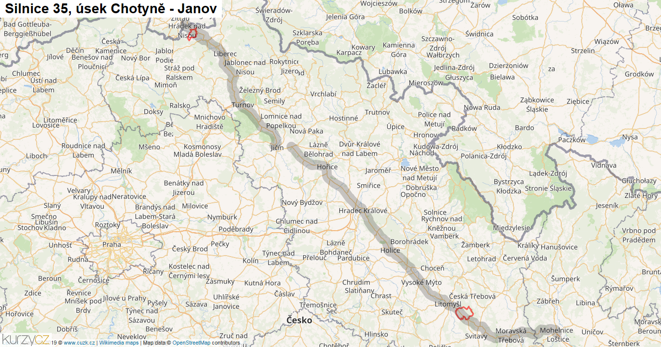 Úsek Chotyně - Janov, Silnice 35 - Mapa