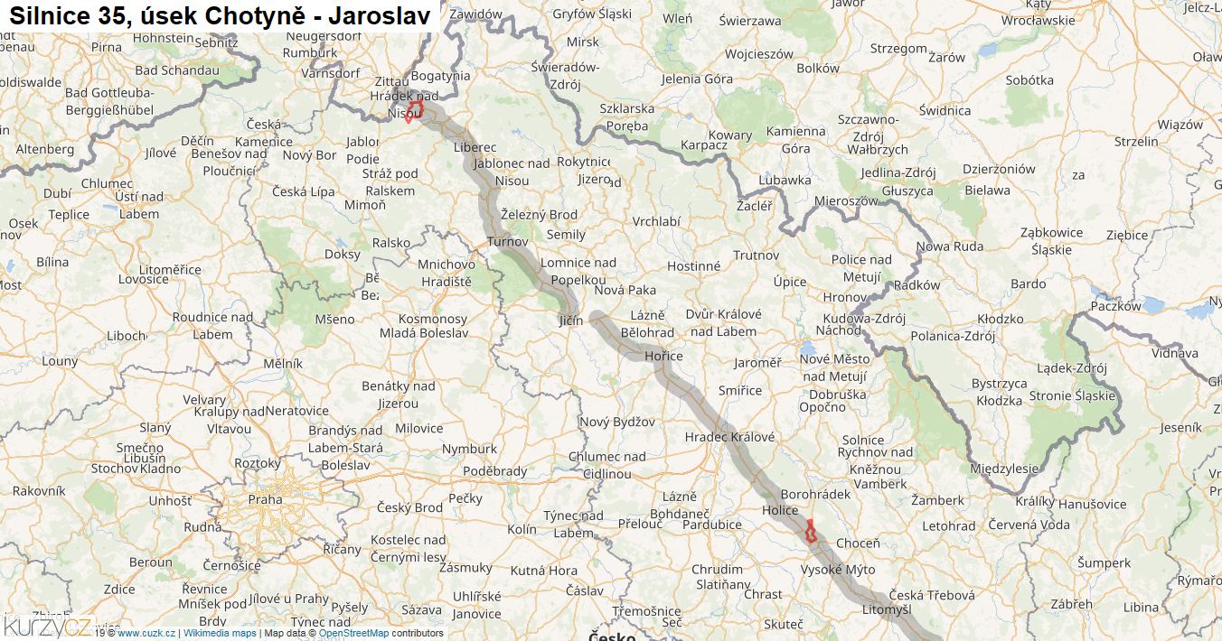 Úsek Chotyně - Jaroslav, Silnice 35 - Mapa