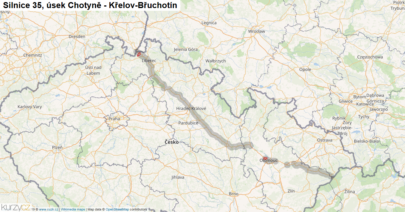 Úsek Chotyně - Křelov-Břuchotín, Silnice 35 - Mapa