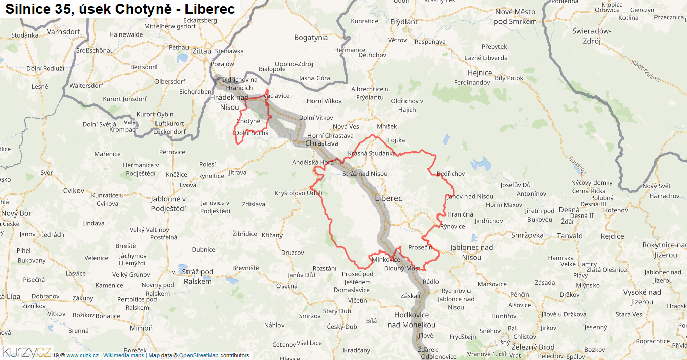 Úsek Chotyně - Liberec, Silnice 35 - Mapa