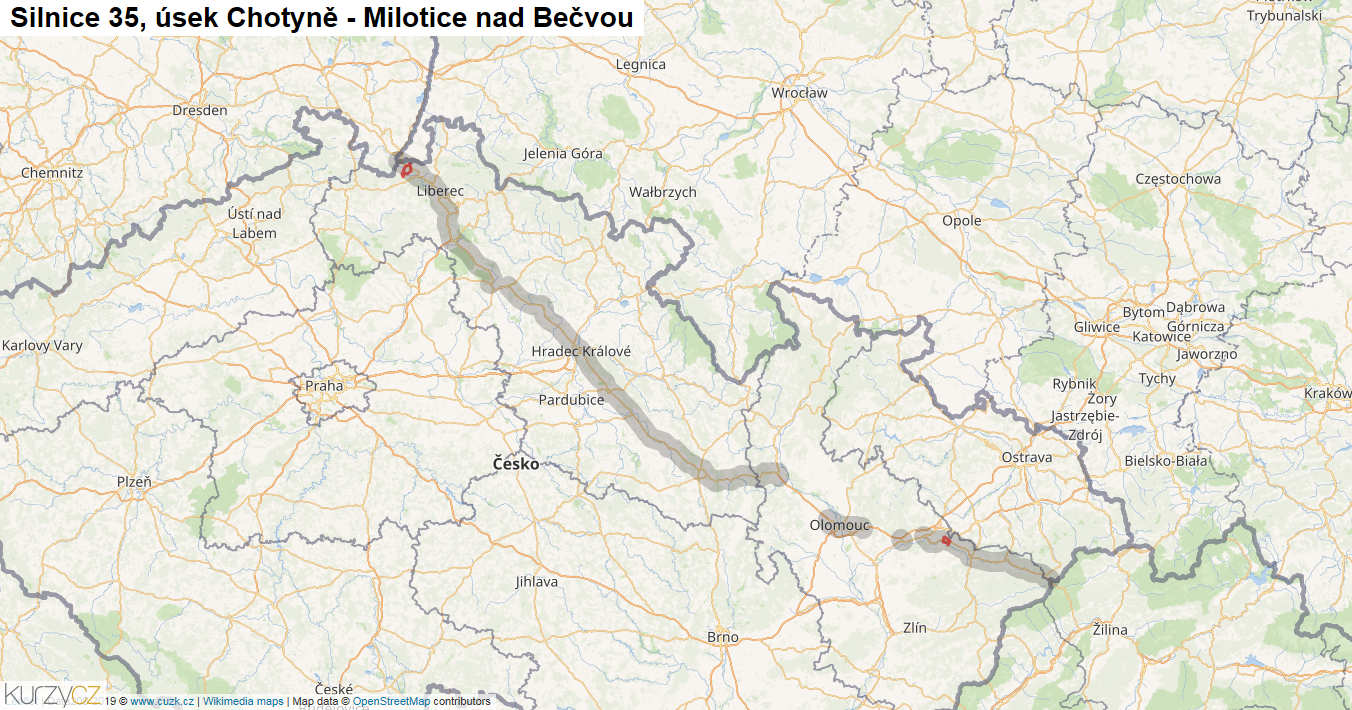 Úsek Chotyně - Milotice nad Bečvou, Silnice 35 - Mapa