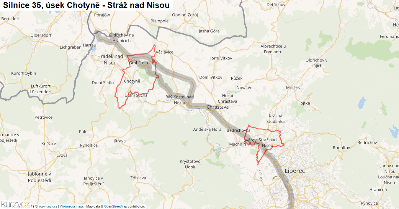 Úsek Chotyně - Stráž nad Nisou, Silnice 35 - Mapa