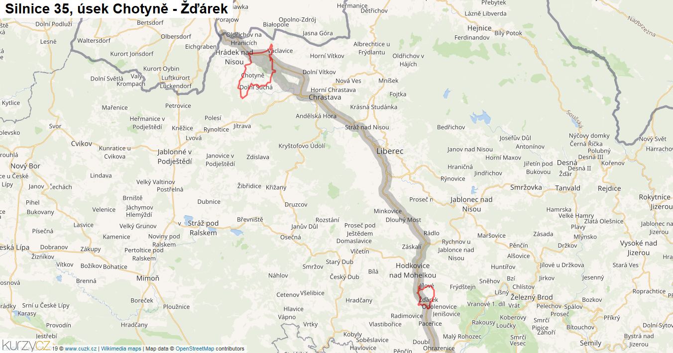 Úsek Chotyně - Žďárek, Silnice 35 - Mapa