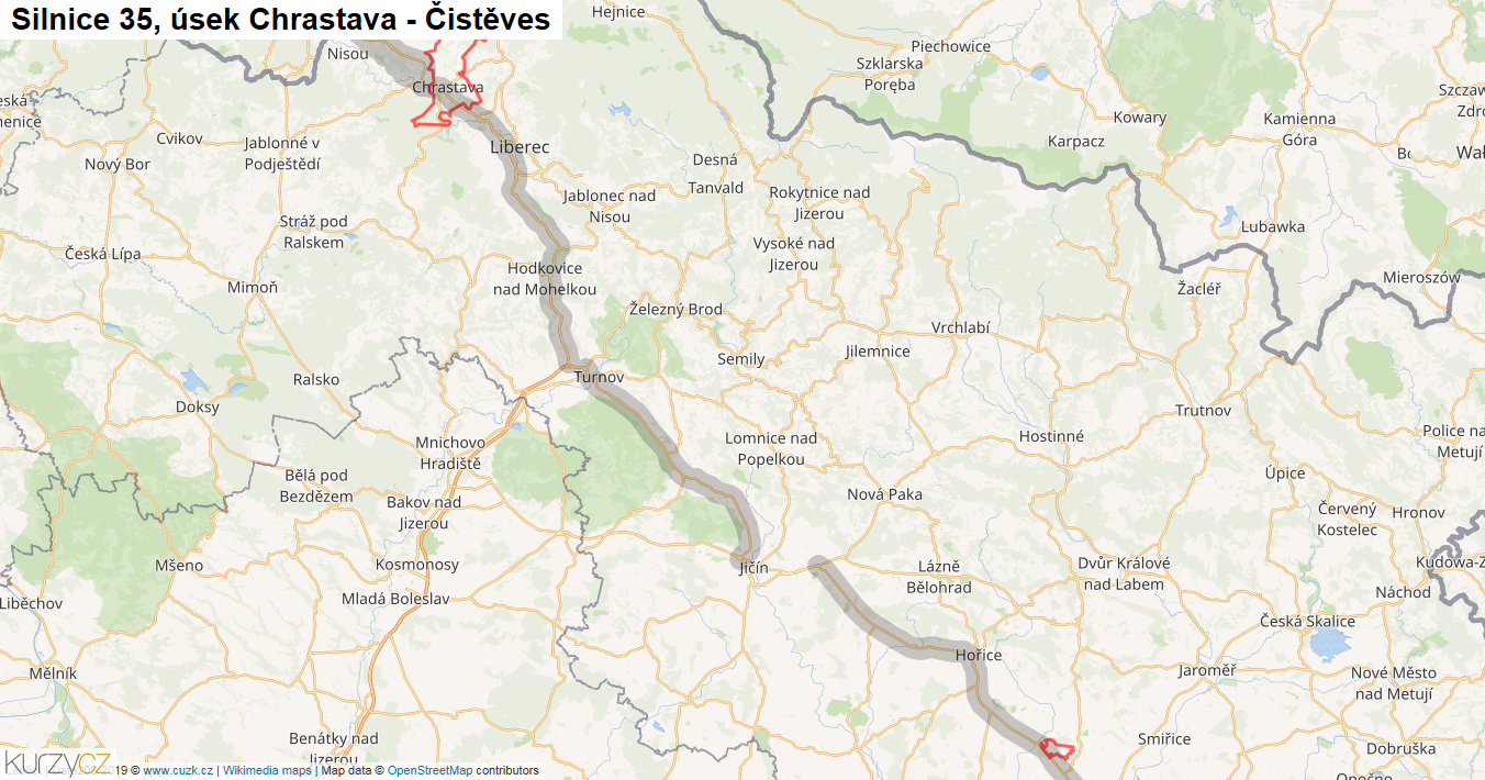 Úsek Chrastava - Čistěves, Silnice 35 - Mapa
