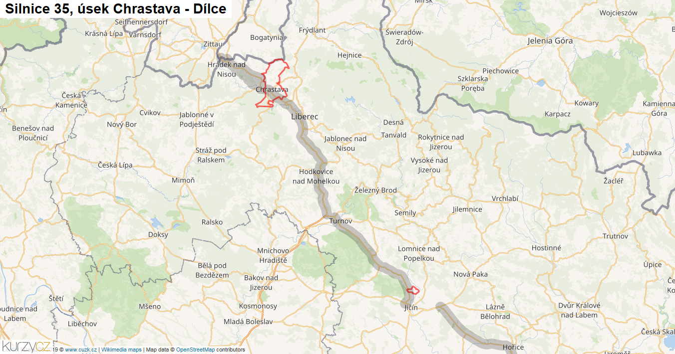 Úsek Chrastava - Dílce, Silnice 35 - Mapa