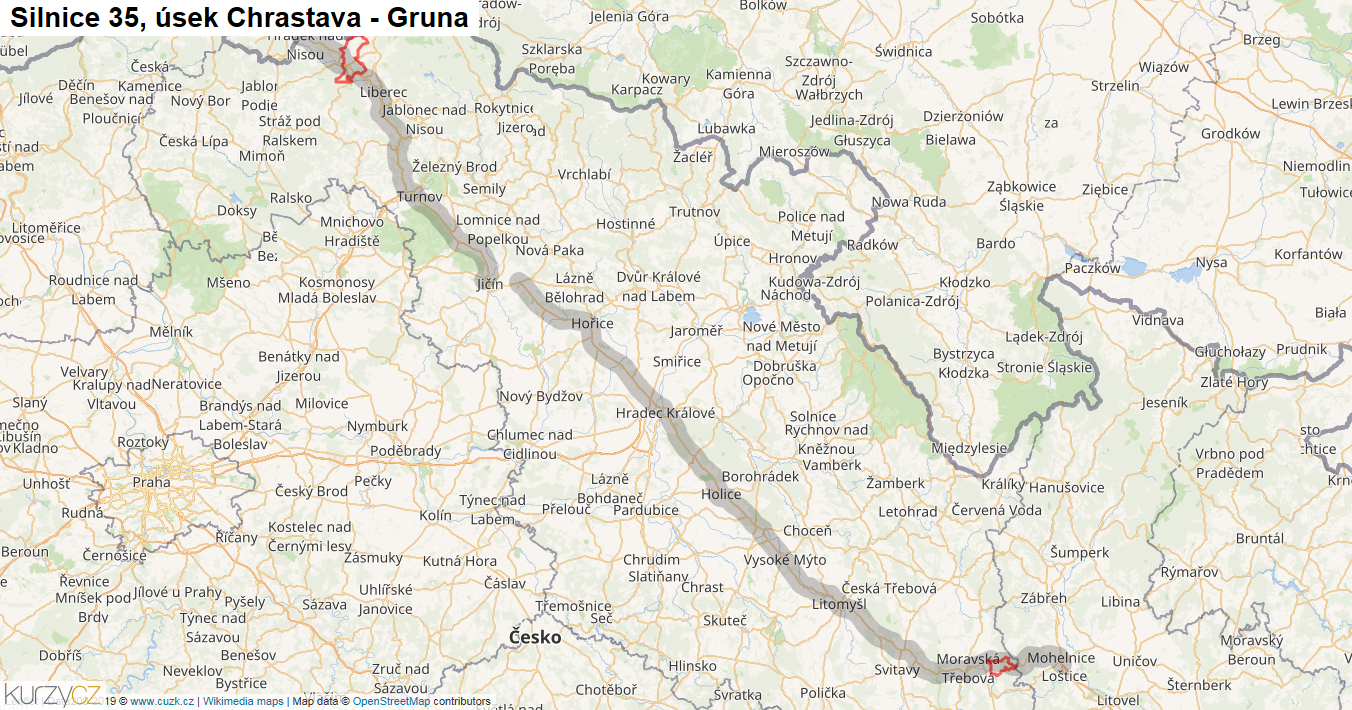 Úsek Chrastava - Gruna, Silnice 35 - Mapa