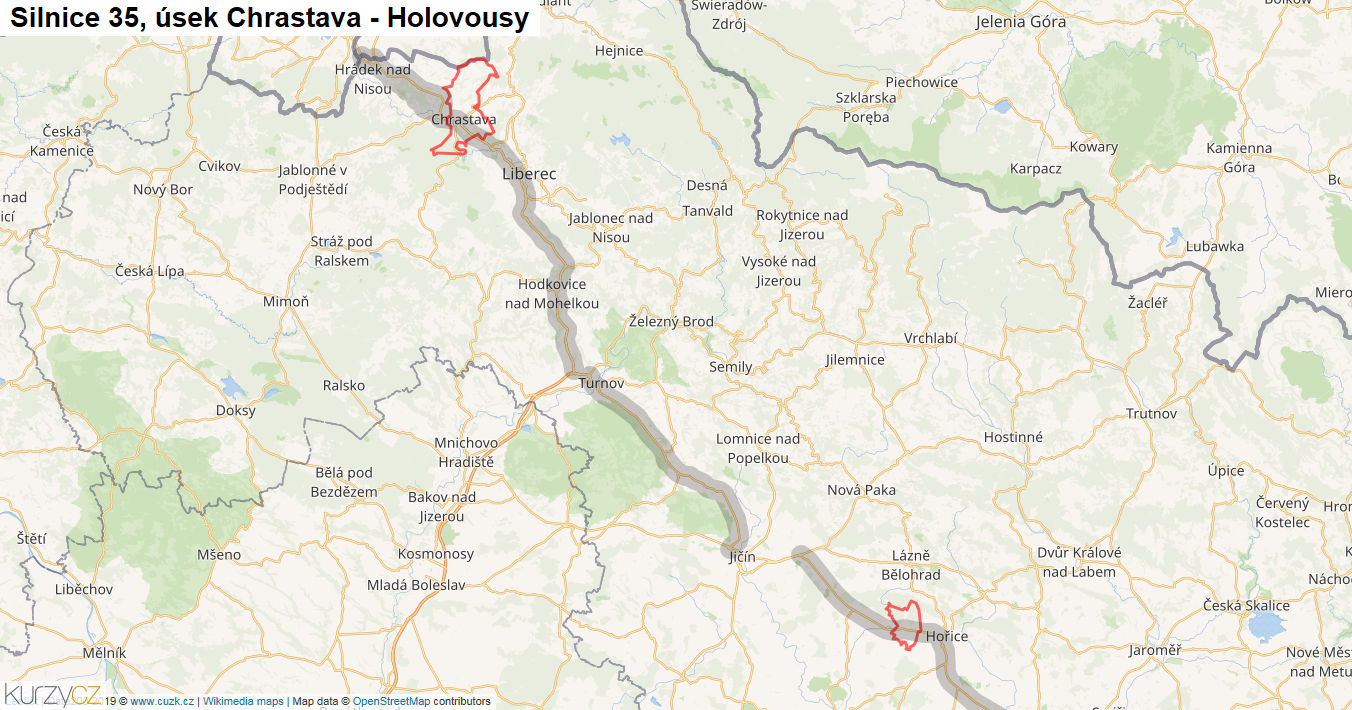 Úsek Chrastava - Holovousy, Silnice 35 - Mapa