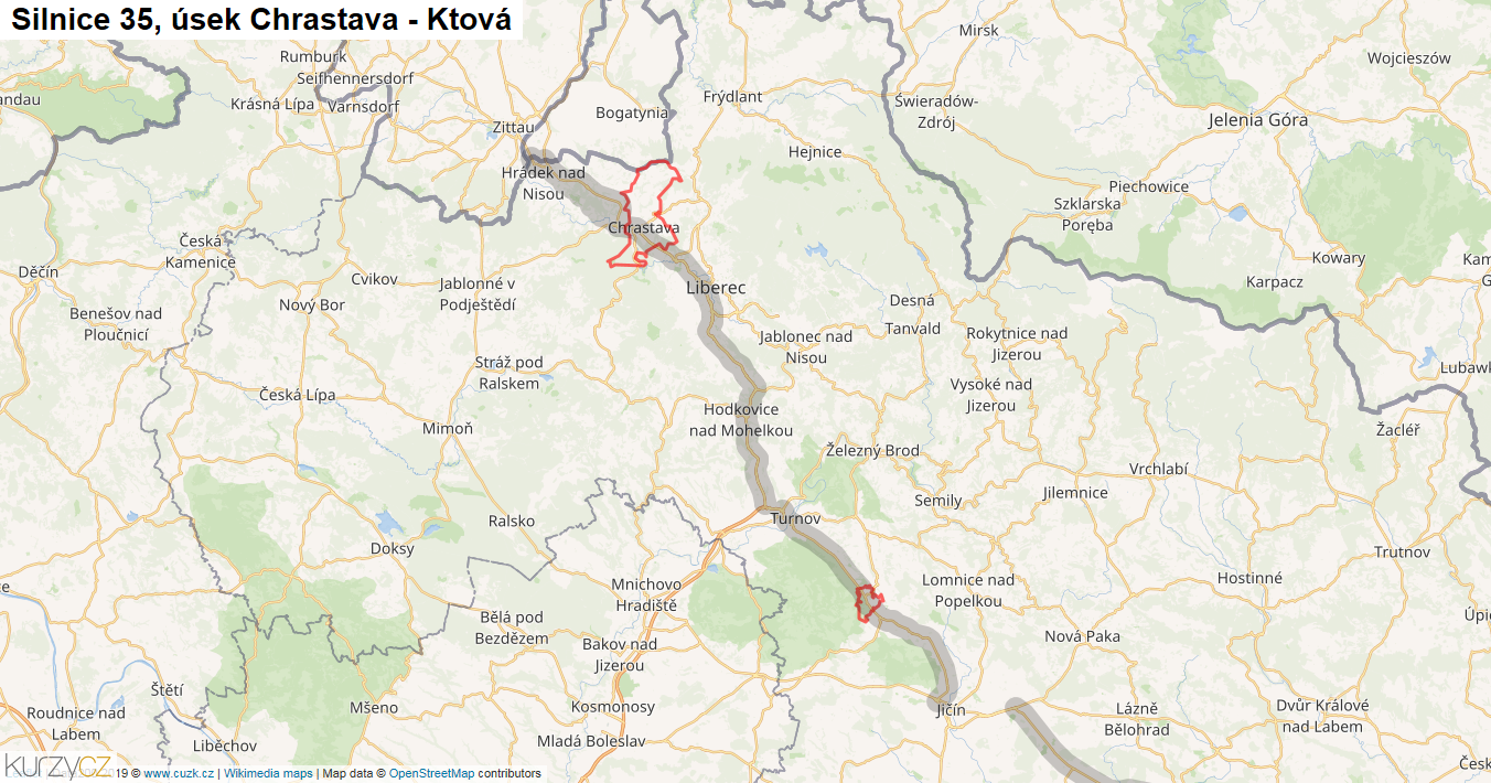 Úsek Chrastava - Ktová, Silnice 35 - Mapa