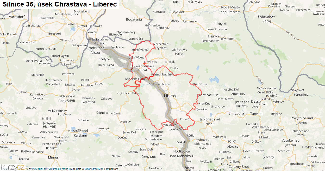 Úsek Chrastava - Liberec, Silnice 35 - Mapa