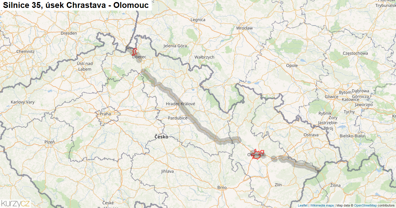 Úsek Chrastava - Olomouc, Silnice 35 - Mapa