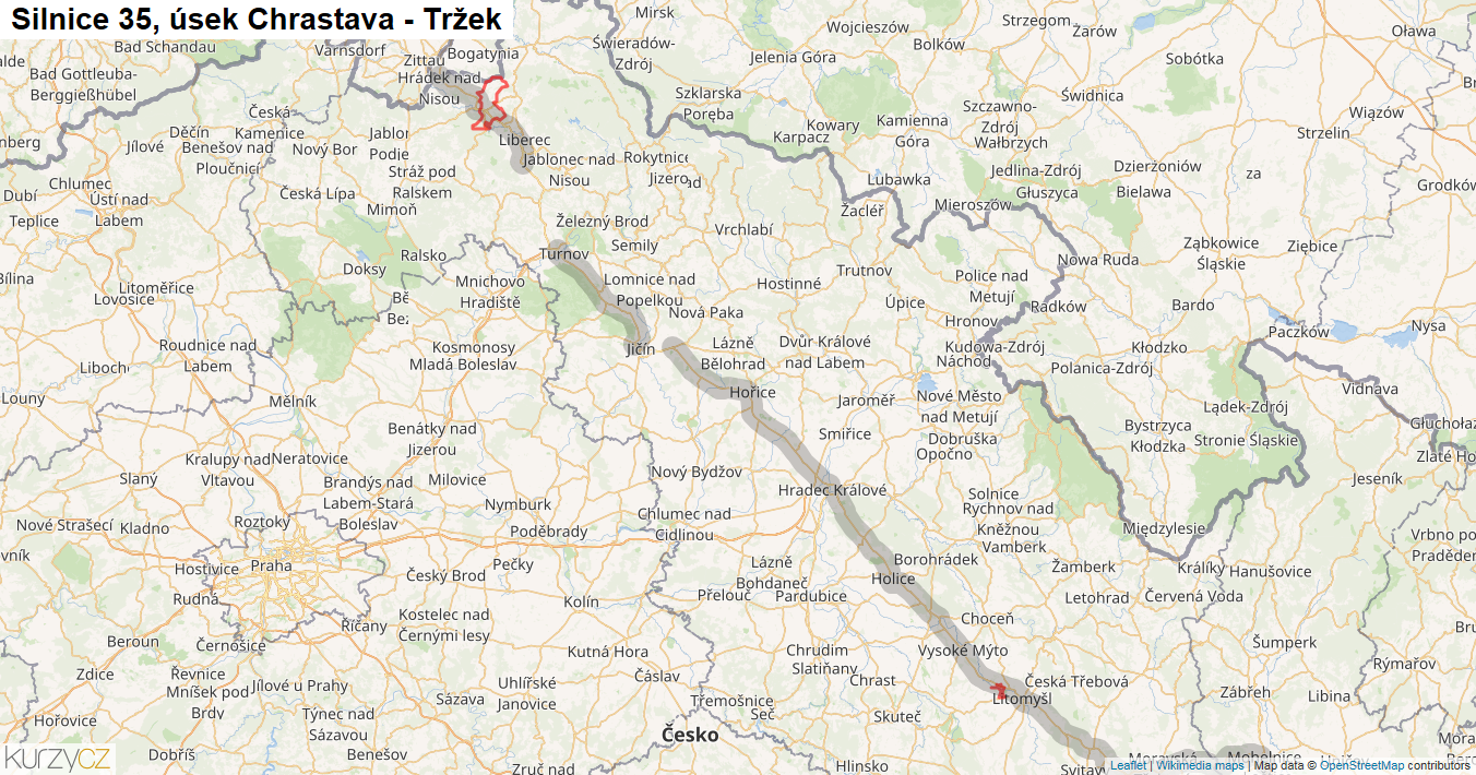 Úsek Chrastava - Tržek, Silnice 35 - Mapa