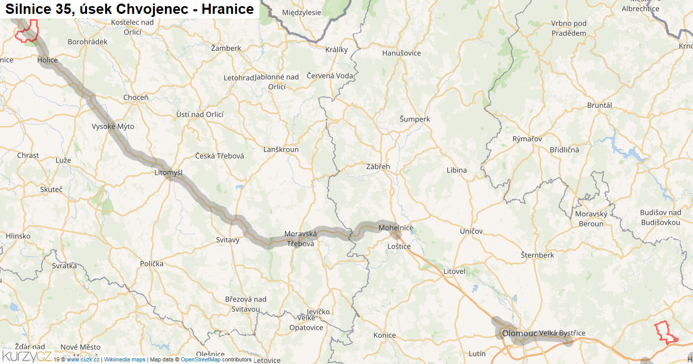 Úsek Chvojenec - Hranice, Silnice 35 - Mapa