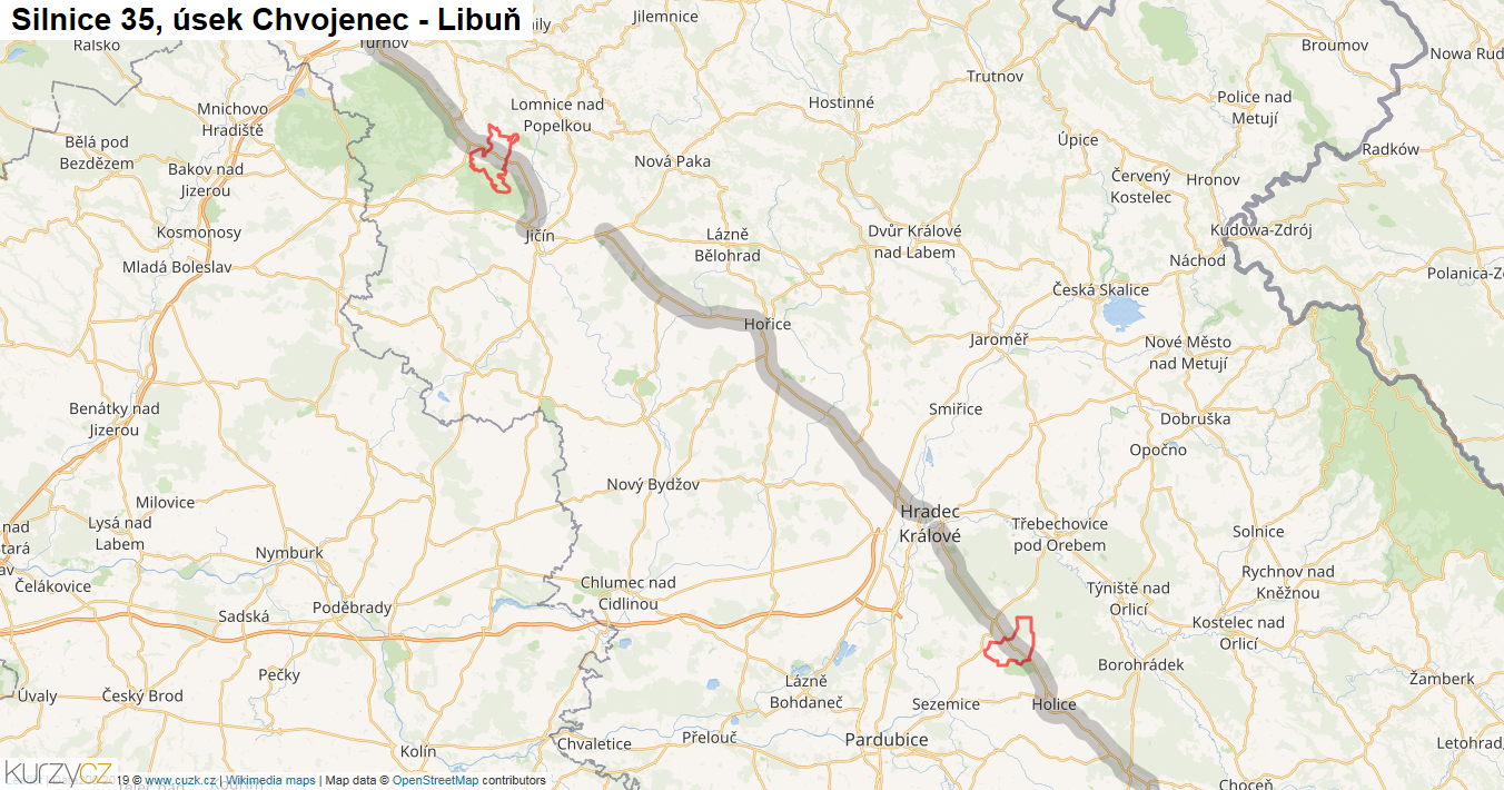 Úsek Chvojenec - Libuň, Silnice 35 - Mapa