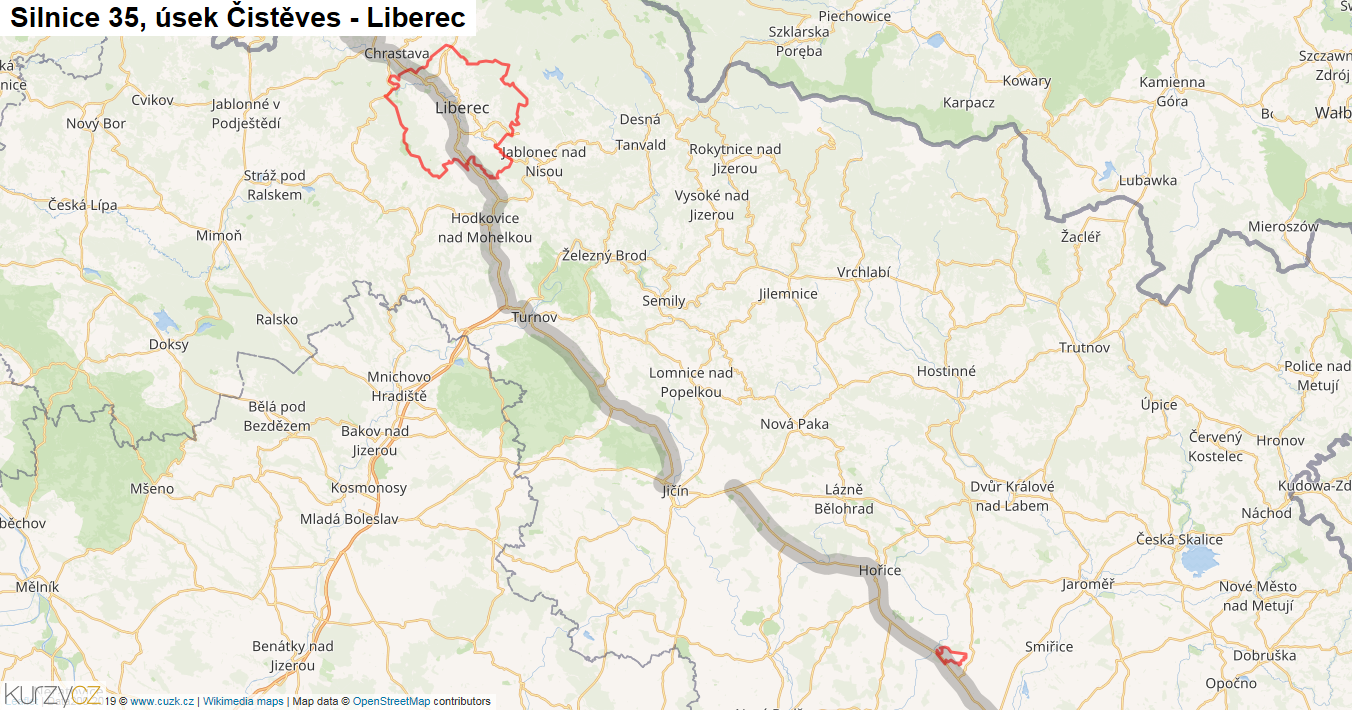 Úsek Čistěves - Liberec, Silnice 35 - Mapa