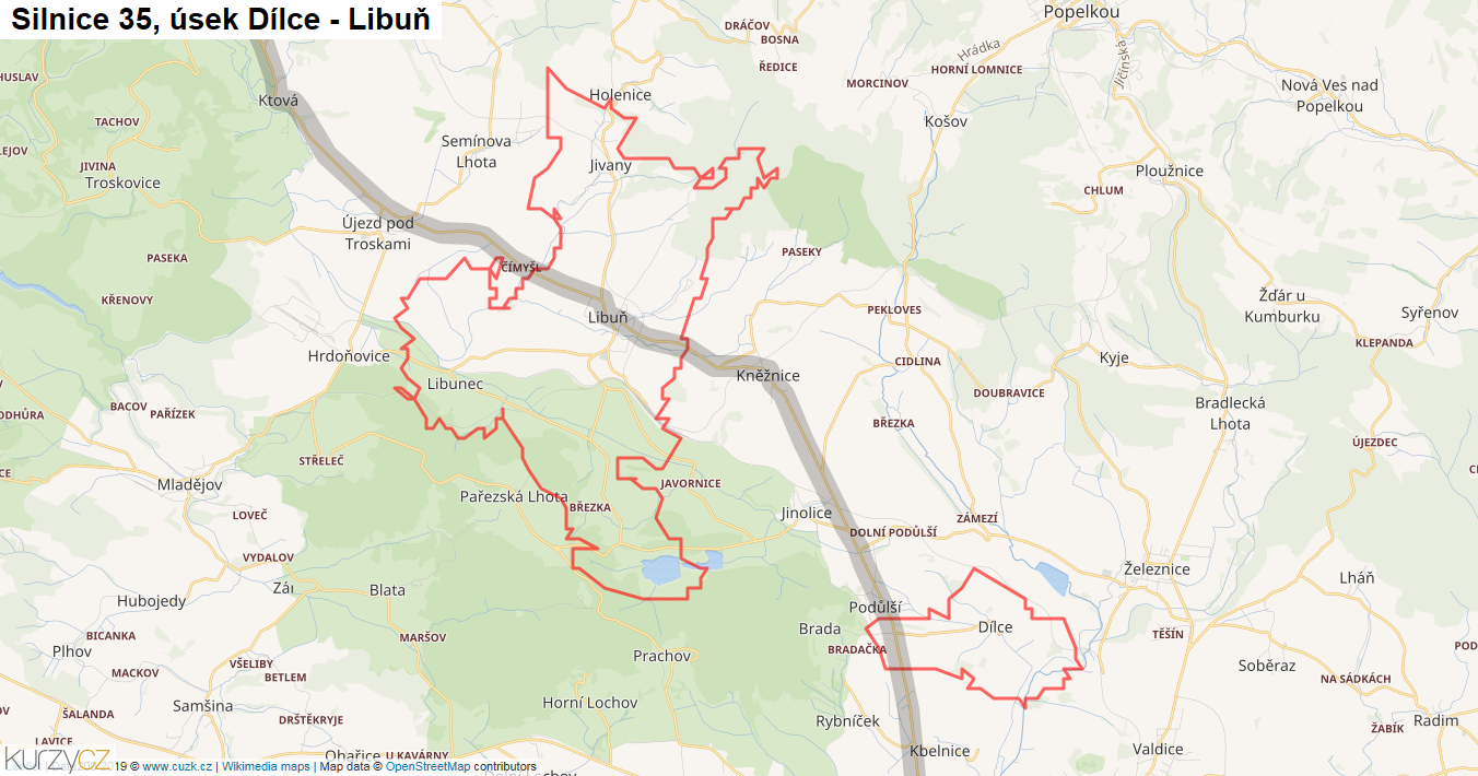 Úsek Dílce - Libuň, Silnice 35 - Mapa