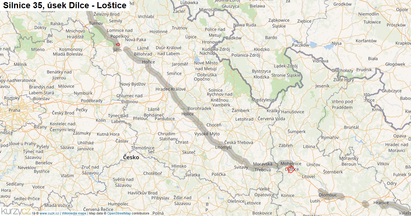 Úsek Dílce - Loštice, Silnice 35 - Mapa
