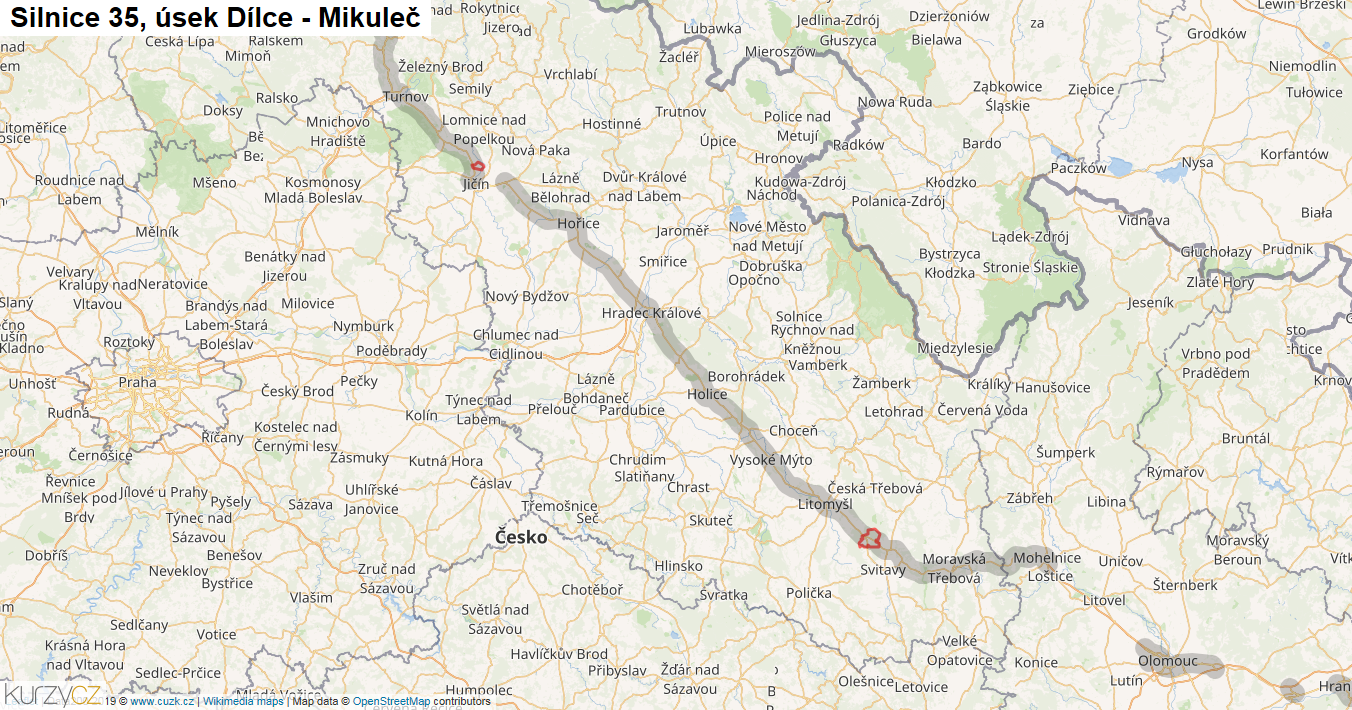 Úsek Dílce - Mikuleč, Silnice 35 - Mapa