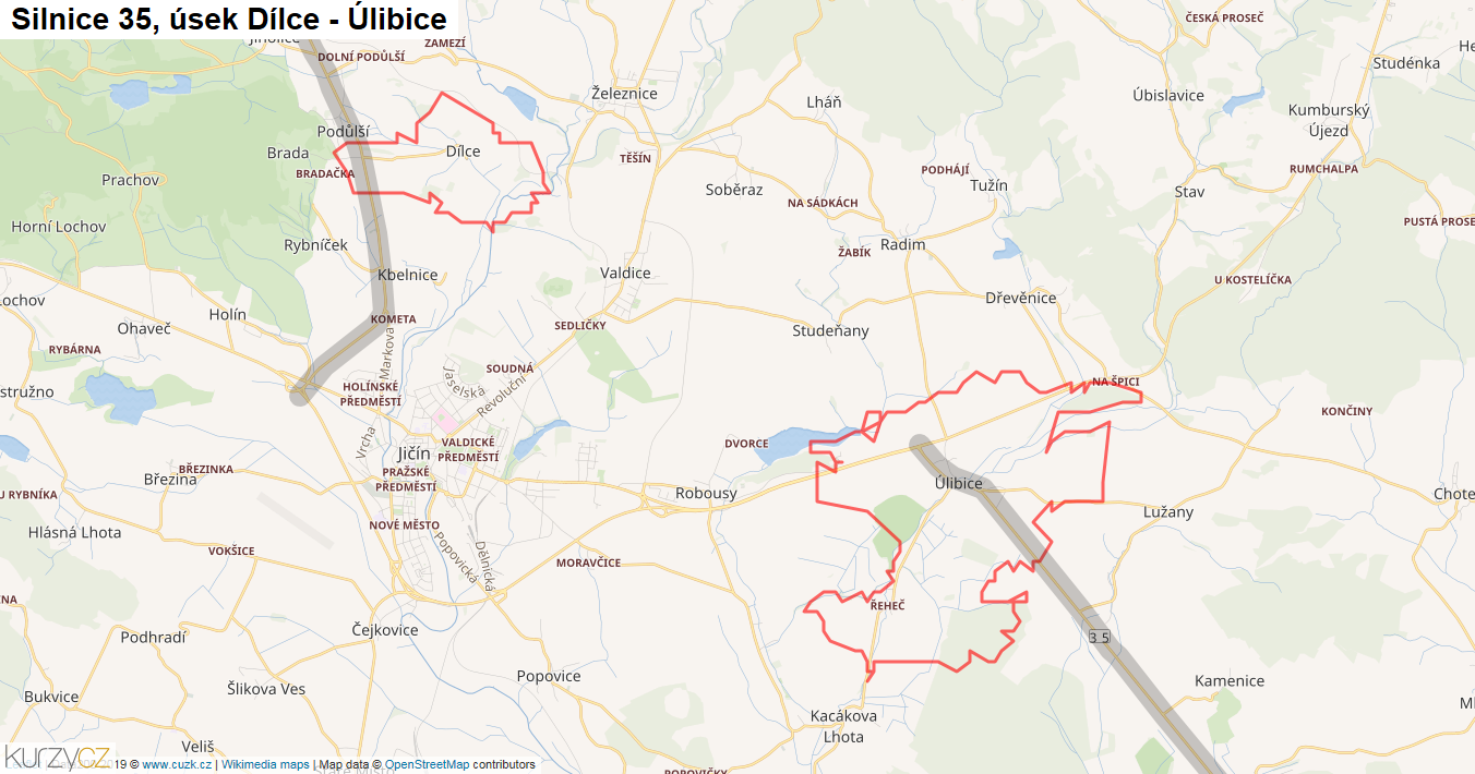 Úsek Dílce - Úlibice, Silnice 35 - Mapa