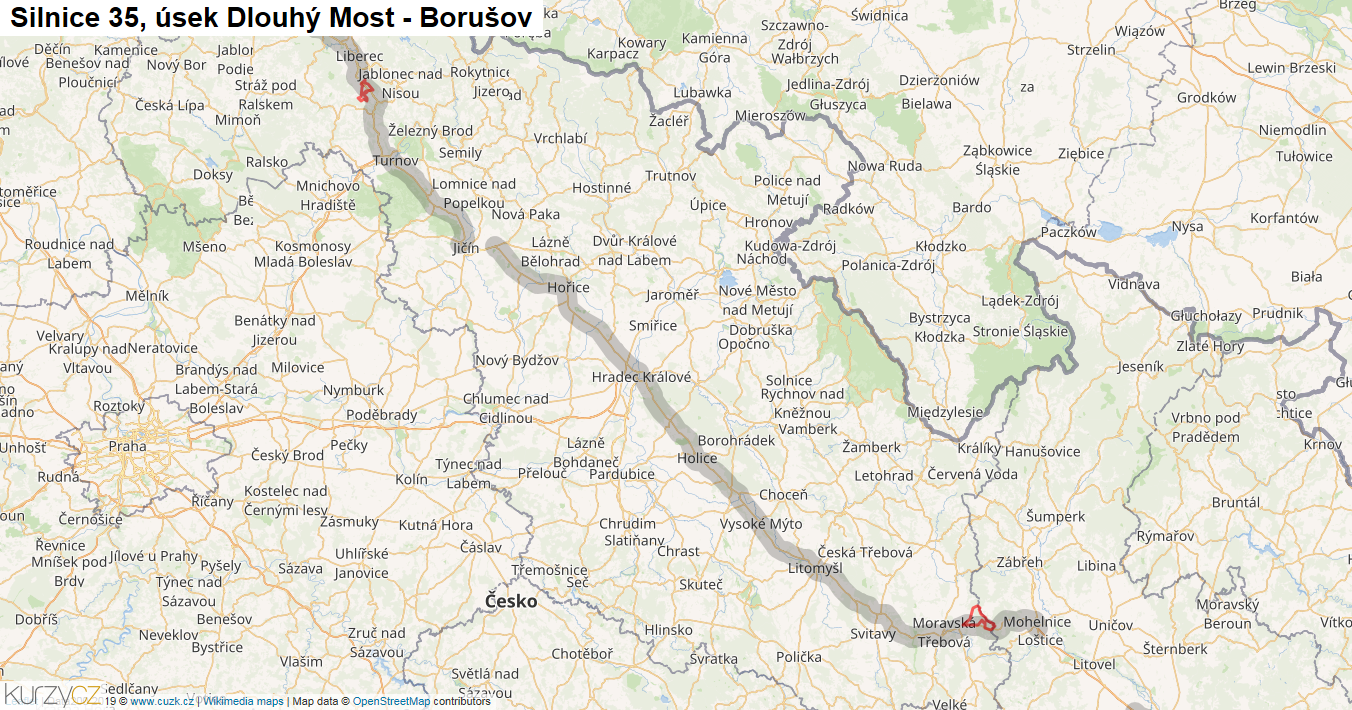 Úsek Dlouhý Most - Borušov, Silnice 35 - Mapa