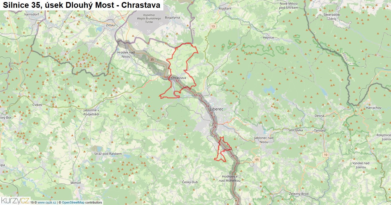 Úsek Dlouhý Most - Chrastava, Silnice 35 - Mapa