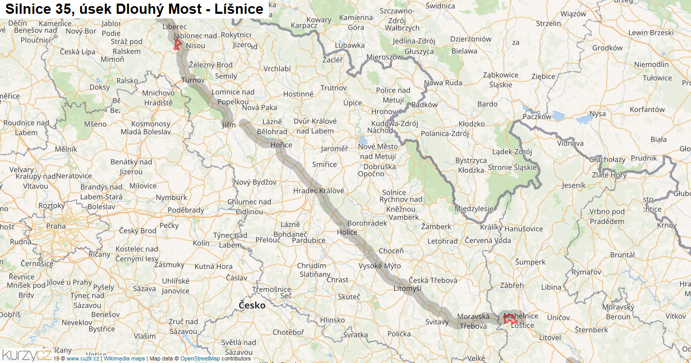 Úsek Dlouhý Most - Líšnice, Silnice 35 - Mapa