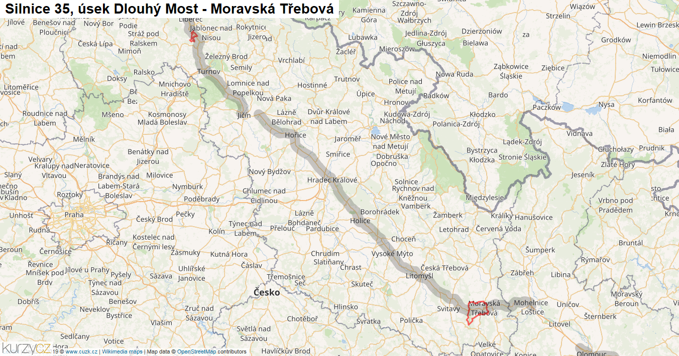 Úsek Dlouhý Most - Moravská Třebová, Silnice 35 - Mapa