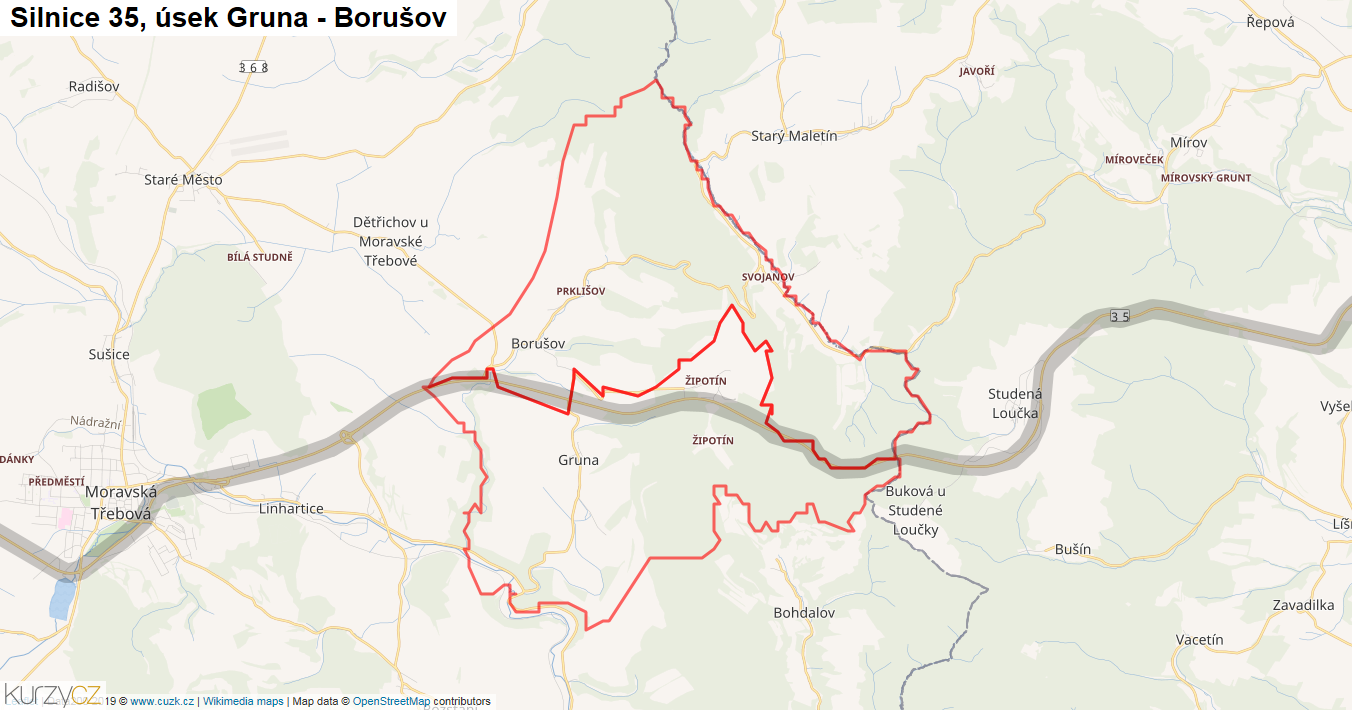 Úsek Gruna - Borušov, Silnice 35 - Mapa
