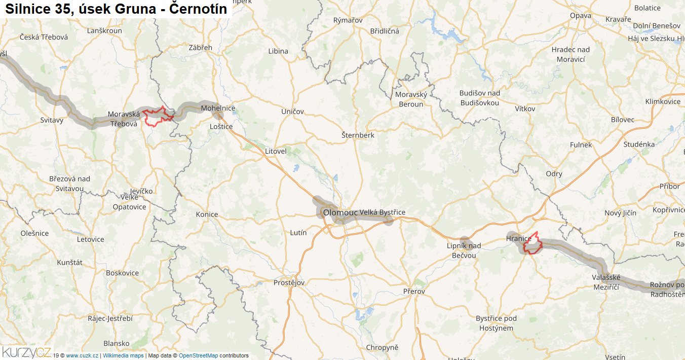 Úsek Gruna - Černotín, Silnice 35 - Mapa