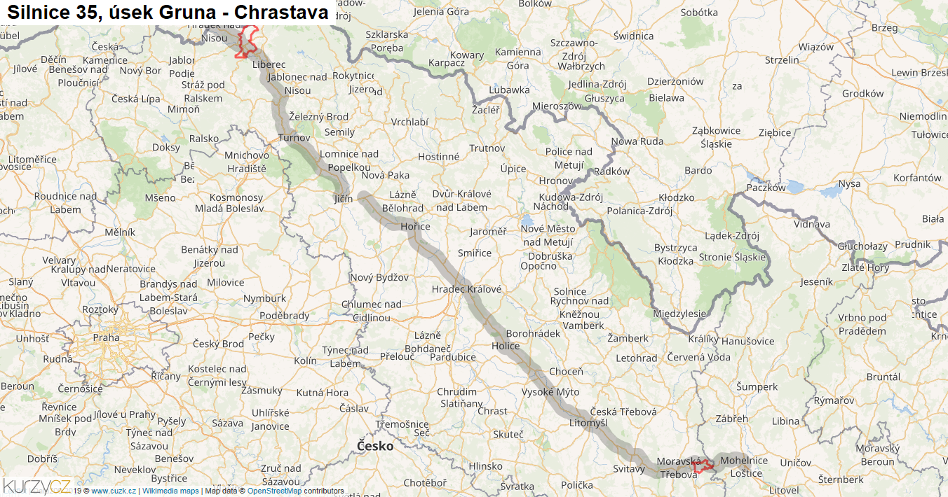 Úsek Gruna - Chrastava, Silnice 35 - Mapa