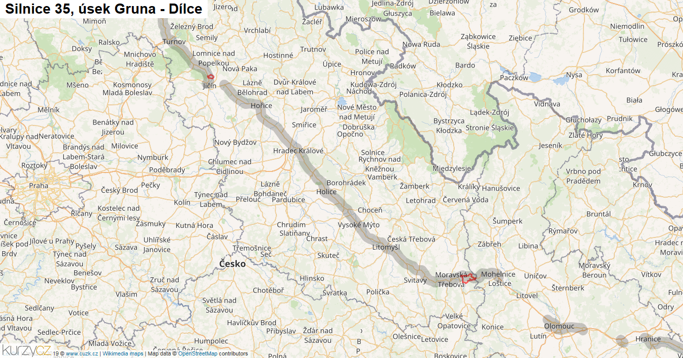 Úsek Gruna - Dílce, Silnice 35 - Mapa