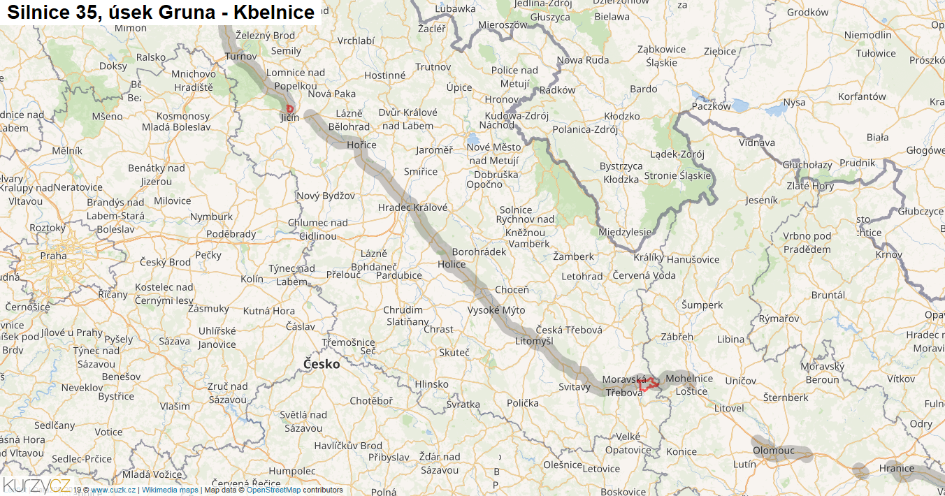 Úsek Gruna - Kbelnice, Silnice 35 - Mapa
