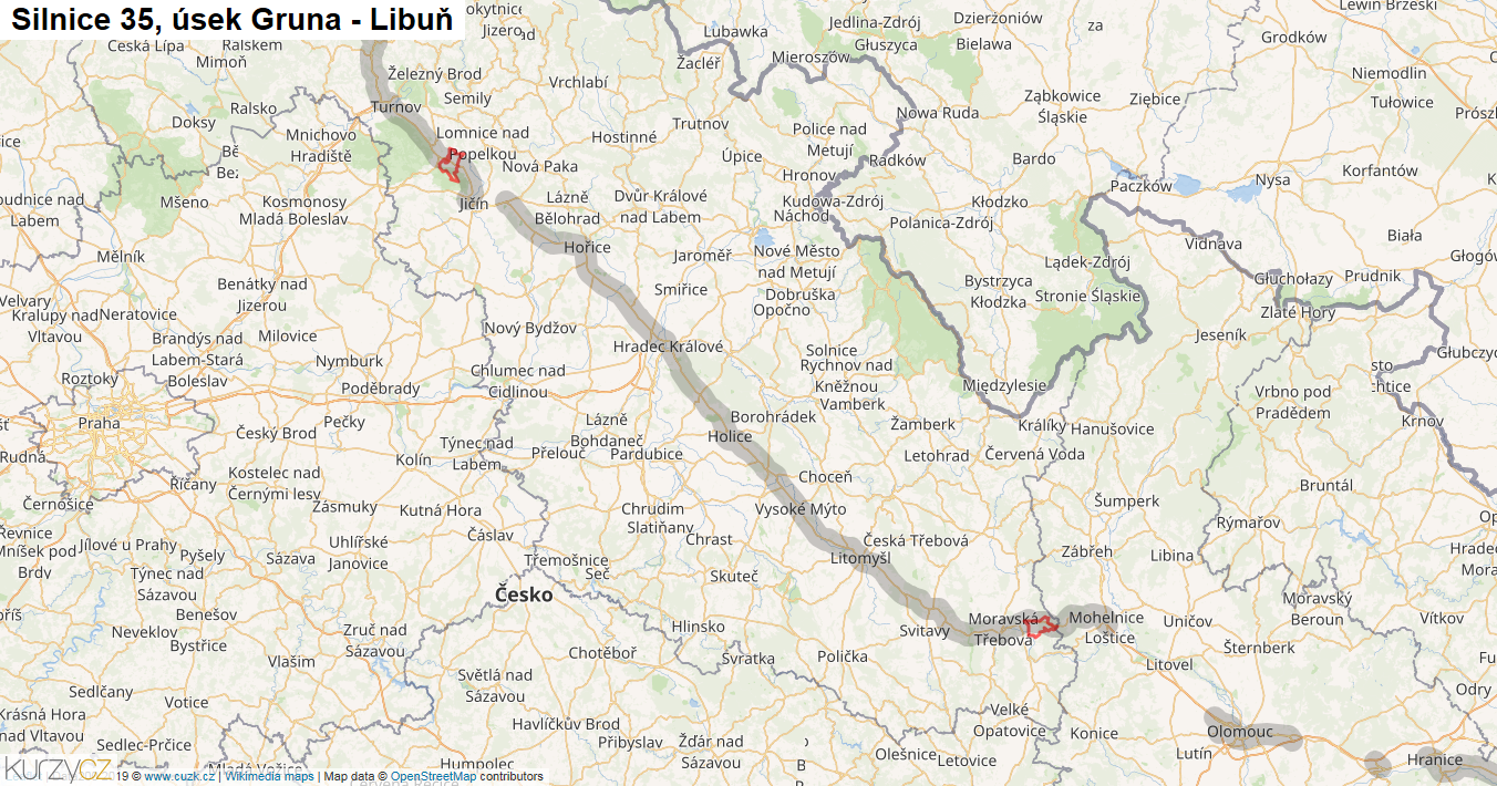 Úsek Gruna - Libuň, Silnice 35 - Mapa