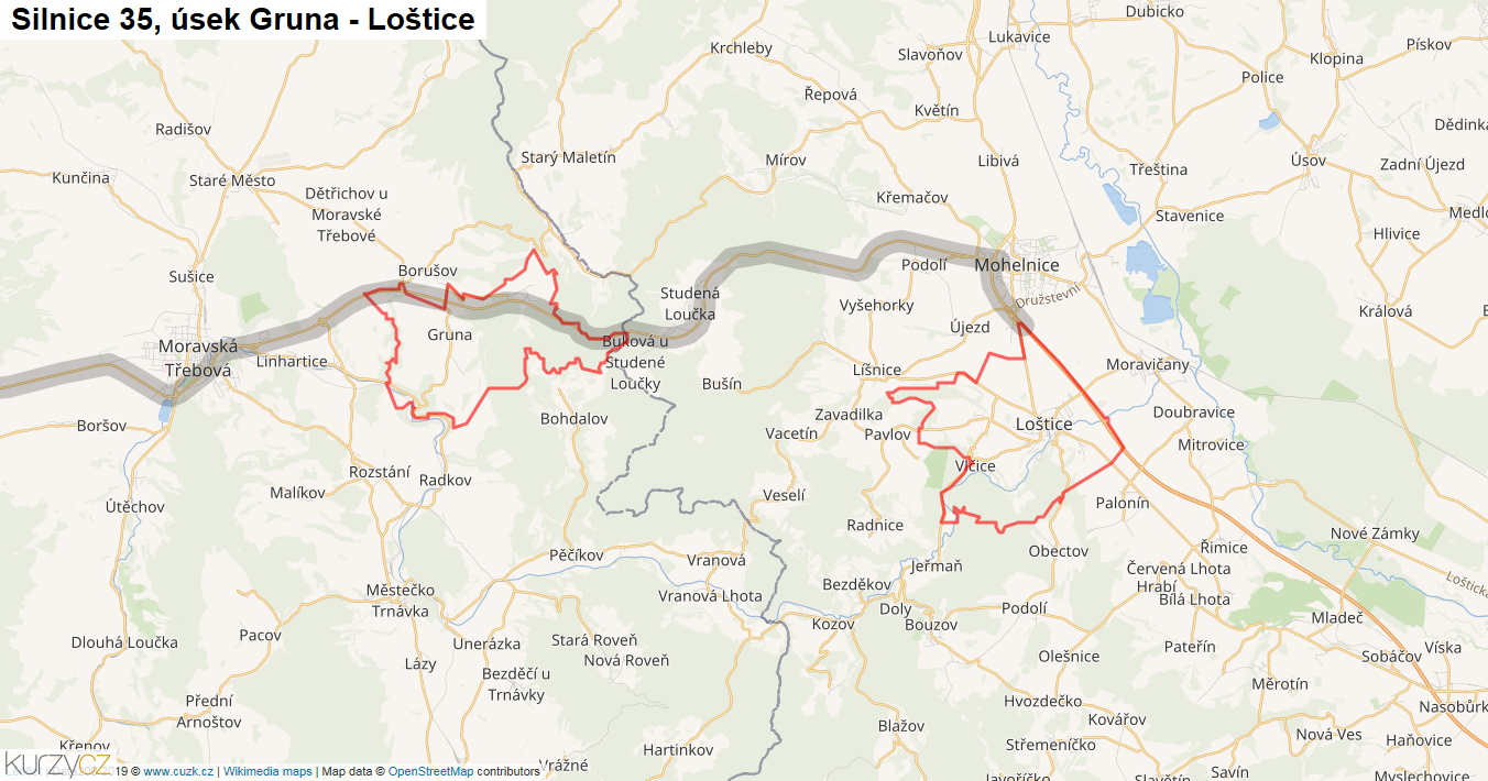 Úsek Gruna - Loštice, Silnice 35 - Mapa