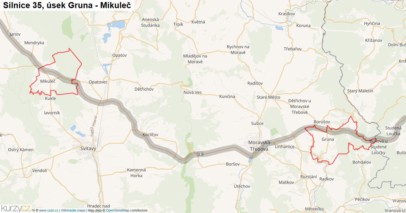 Úsek Gruna - Mikuleč, Silnice 35 - Mapa