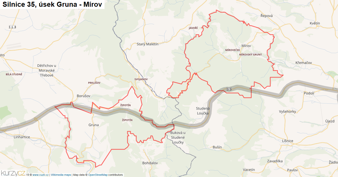 Úsek Gruna - Mírov, Silnice 35 - Mapa