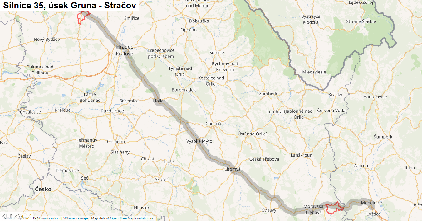 Úsek Gruna - Stračov, Silnice 35 - Mapa