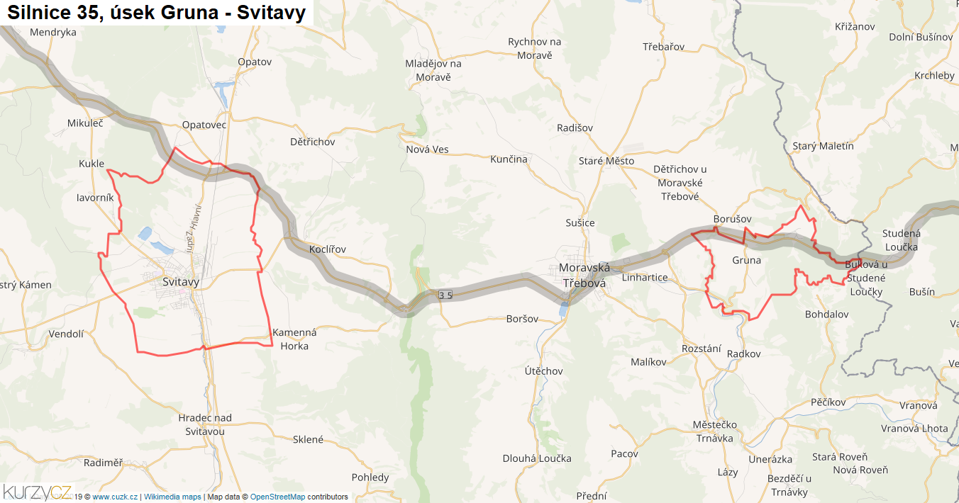 Úsek Gruna - Svitavy, Silnice 35 - Mapa