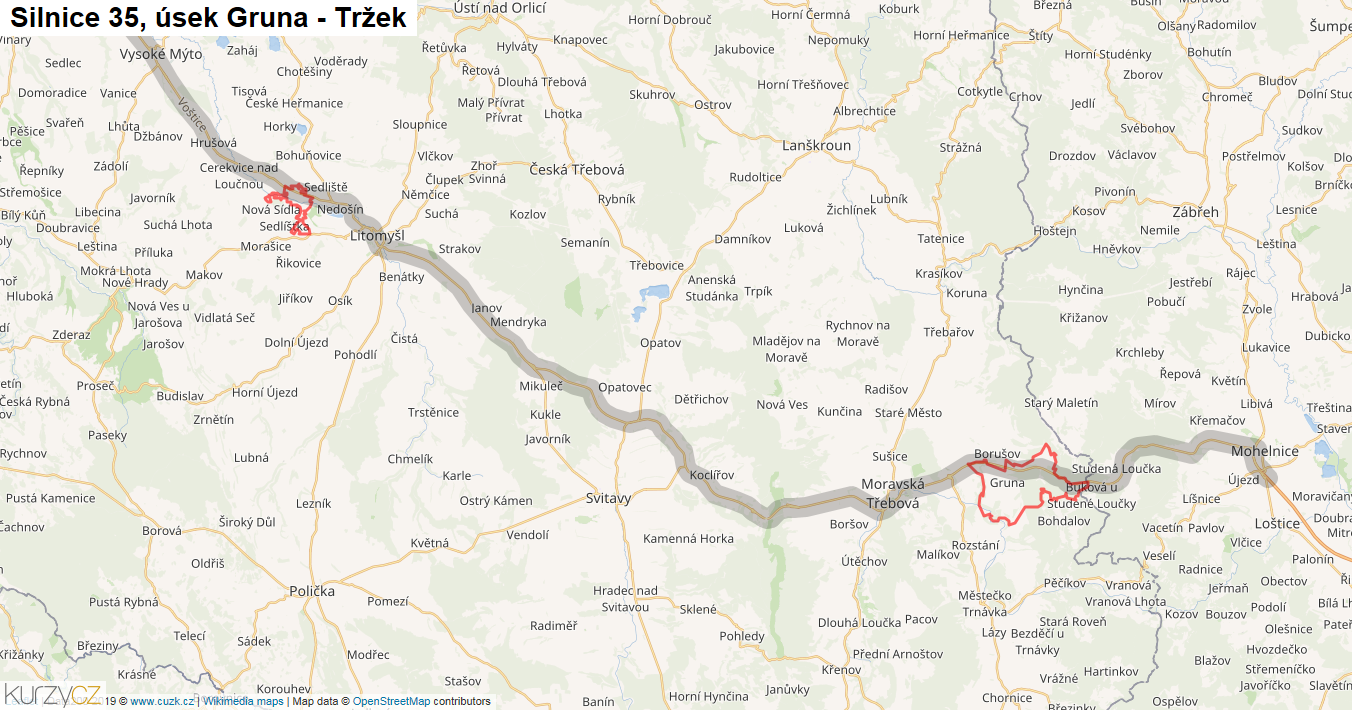 Úsek Gruna - Tržek, Silnice 35 - Mapa